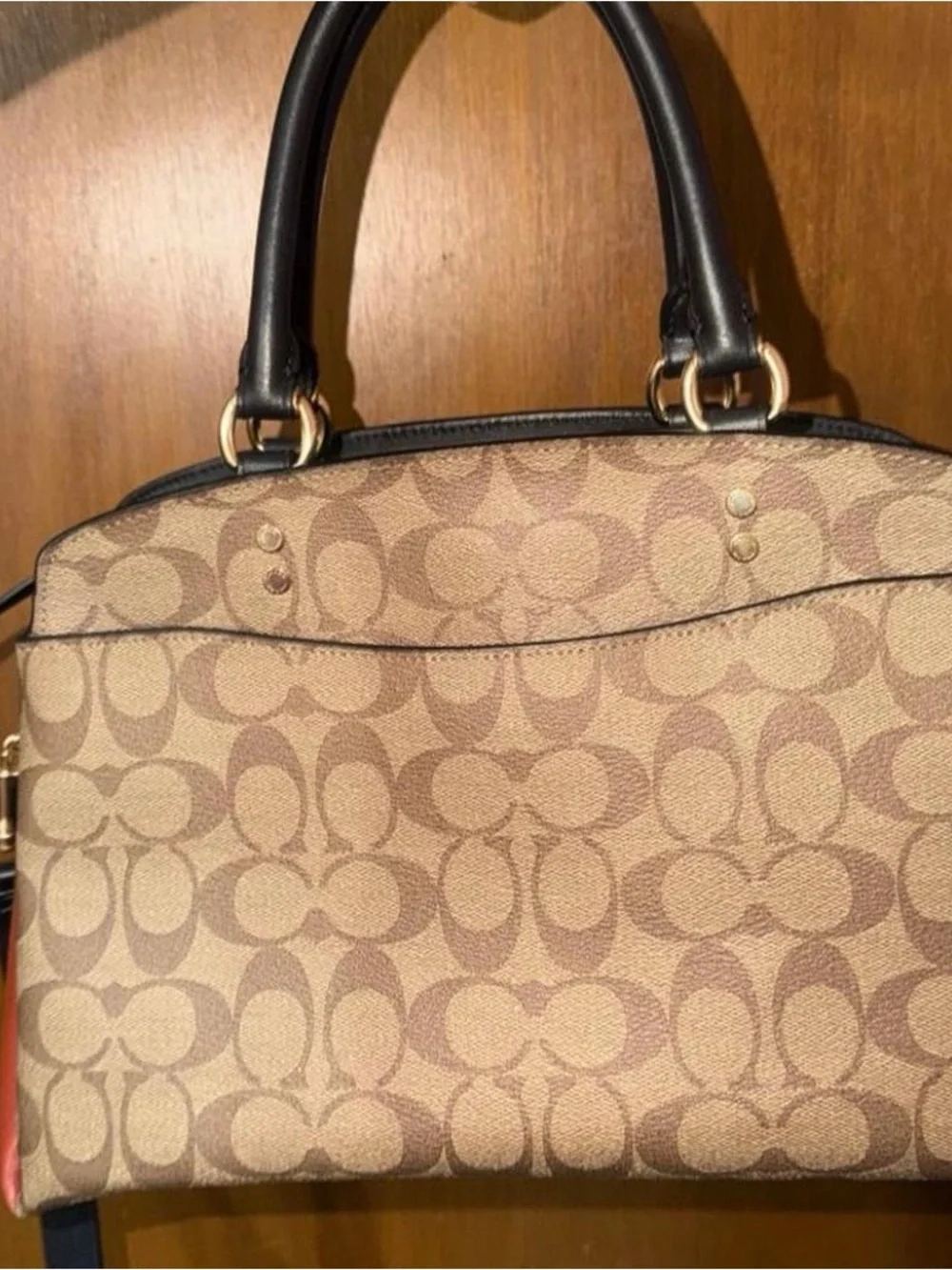Coach Khaki Signature Canvas Dome Satchel with Black Trim